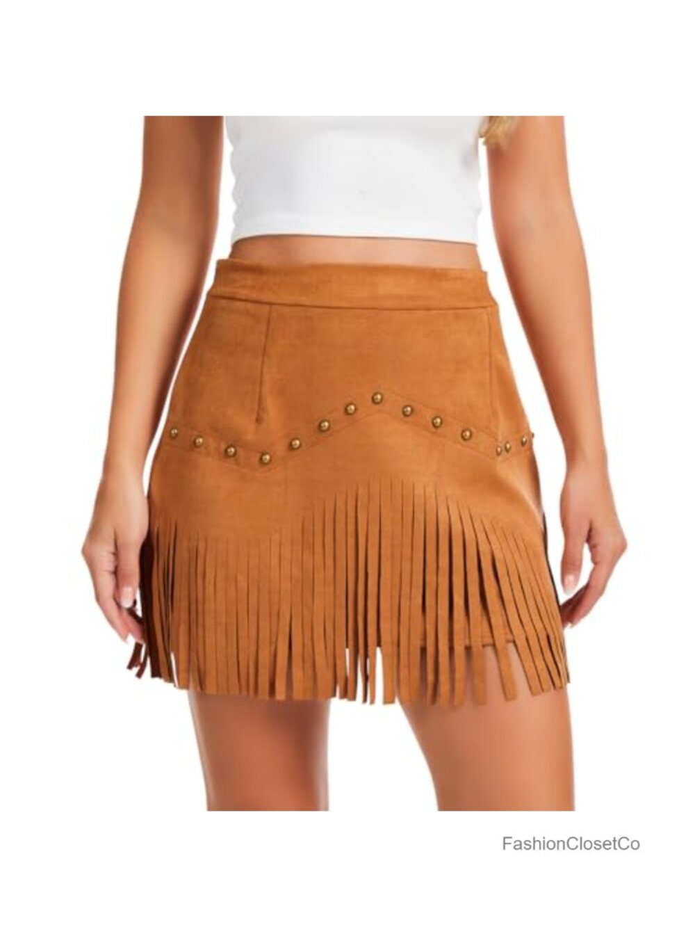 Cowgirl Fringe Skirt High Waisted Mini Suede Skirts with Rivets